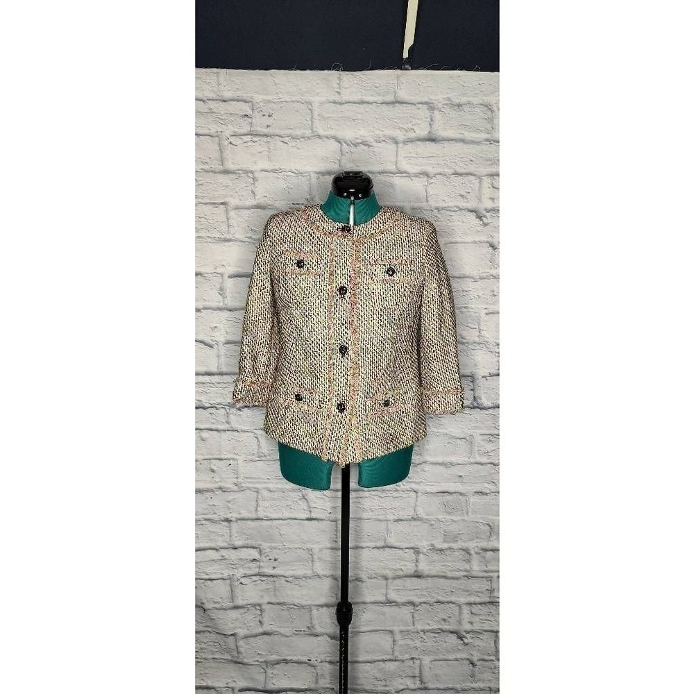 Talbots Womens Blazer Jacket Pink Multicolor Buttons Pockets Fringe Petites 4P